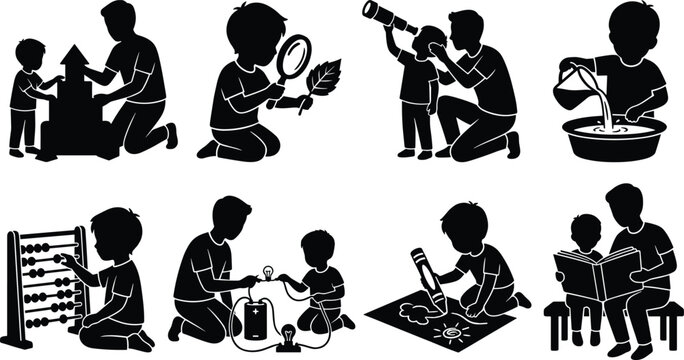 Set of children early learning development and educational activities in black silhouette style