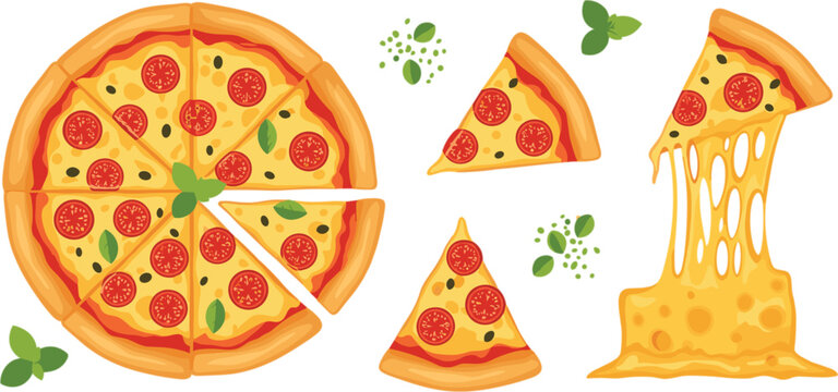 Delicious whole pepperoni pizza and slices with melting pulling cheese vector illustration set isolated on white
