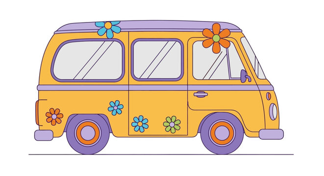Colorful van with flowers, psychedelic vehicle illustration, hippie decoration