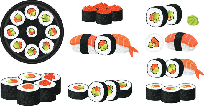 Premium Japanese sushi flat vector icon collection with fresh salmon maki rolls nigiri shrimp gunkan caviar and wasabi paste
