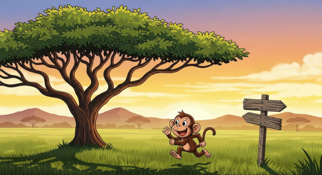 Cute cartoon monkey running through green grassy savanna under large umbrella acacia tree with wooden signpost at sunset in safari wilderness.