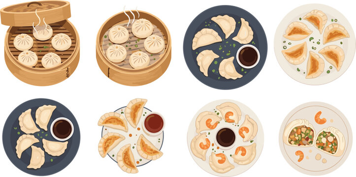 Traditional Asian dim sum vector illustration set featuring steamed baozi dumplings in bamboo steamers and gyoza potstickers on plates