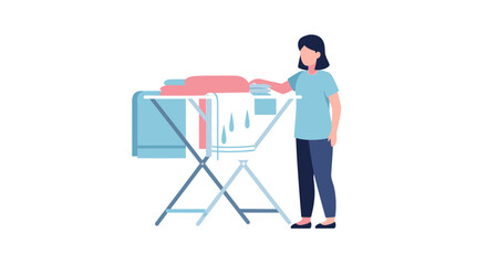Fototapeta premium Woman Hanging Clean Wet Laundry on Folding Clothes Drying Rack Flat Vector Illustration. Isolated on White Background for Household and Domestic Chores Concepts.