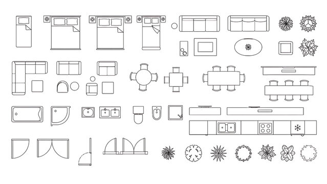Architectural floor plan icons, interior design furniture symbols for house planning, 50 line art elements for blueprint layout isolated on White Background ai