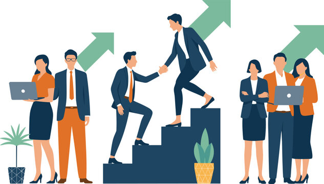 Flat vector illustration of business people working together climbing stairs and helping each other achieve corporate growth and success