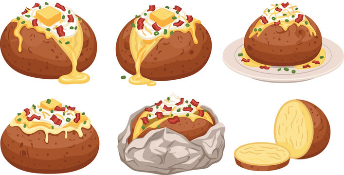 Vector illustration of baked potatoes with melted cheese, bacon bits, butter, chives, foil wrapping, and appetizing toppings