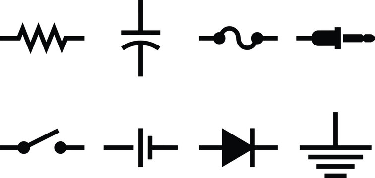 Electronic circuit schematic symbols vector icon set featuring resistor, capacitor, diode, switch, and ground