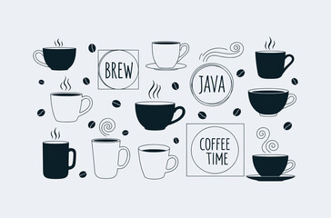 Obraz premium Minimalist Coffee Icon Set with Cups Beans and Steam Elements for Cafe Branding and Menu Design