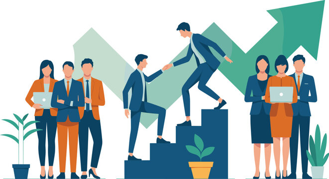 Flat vector illustration of business people working together climbing stairs and helping each other achieve corporate growth and success