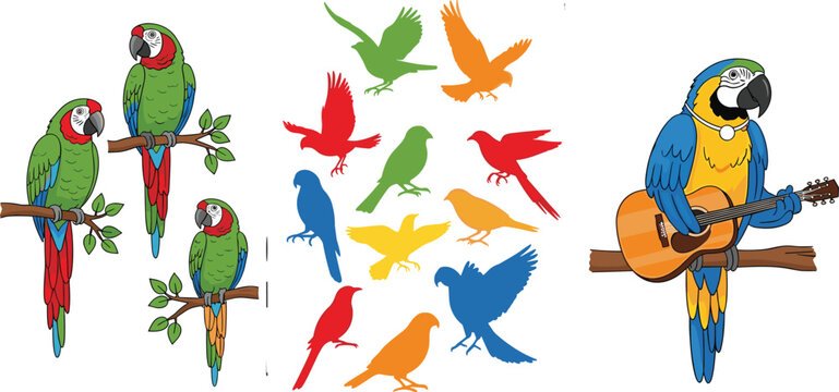 Tropical parrot birds collection with blue and gold macaw playing guitar and green macaws perched on branches