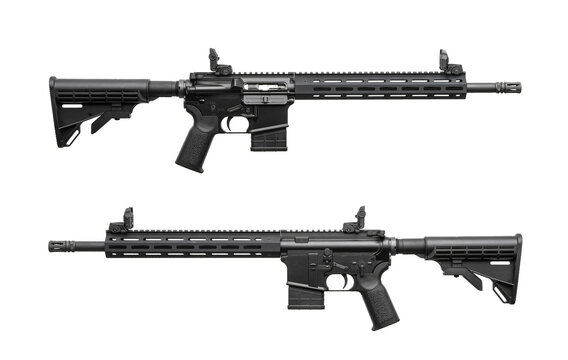 Modern semi-automatic tactical rifle shown from both sides isolated on white back