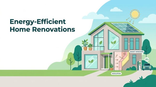 Energy efficient home renovations show a modern house with solar panels and smart features for a sustainable living space