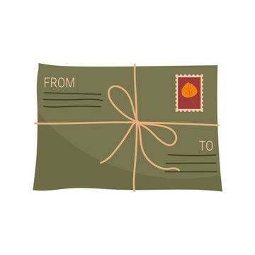Green envelope tied with twine and autumn stamp vector illustration
