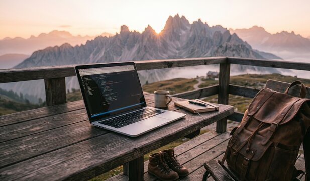 Laptop with code on rustic wooden table on mountain cabin deck at sunrise.