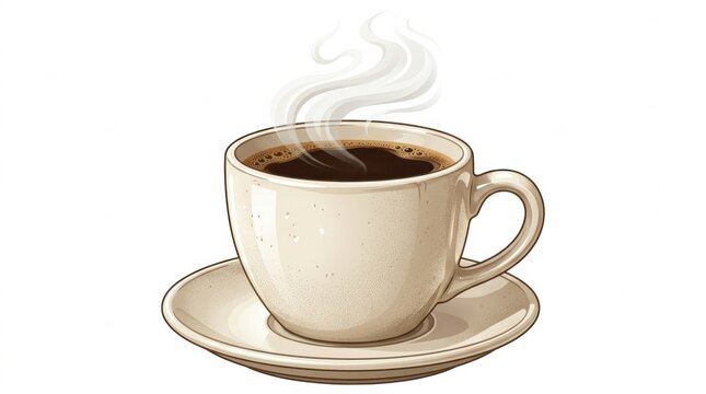 Coffee cup with steam on a saucer sitting on a table in a cafe during the morning hours