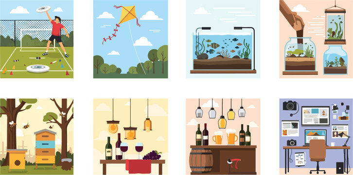 Hobbies and leisure activities scenes set with winemaking beekeeping flying kite aquarium and blogging vector illustration