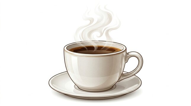 Warm coffee cup with steam rising on a plate in bright setting