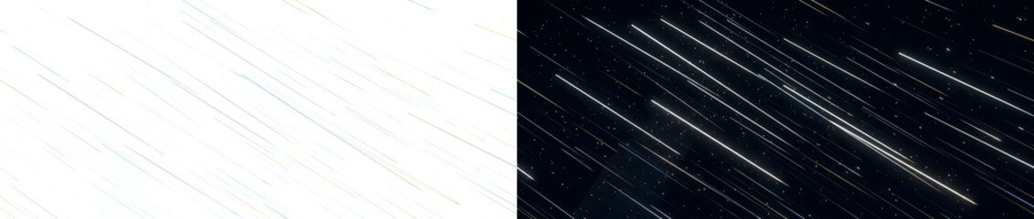 Meteor shower with white glowing space streaks for cinematic sci fi visuals and PNG, Transparent and Black Background Versions © Tanay
