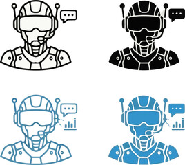 Fototapeta premium Futuristic robot support agent icons, artificial intelligence chatbot avatars, cyborg customer service representative vector set in line and solid styles