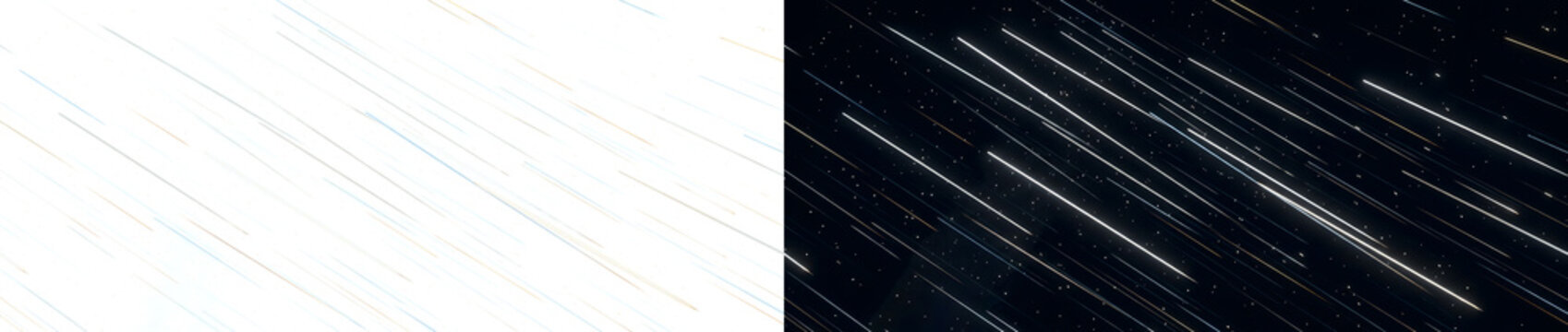 Meteor shower with white glowing space streaks for cinematic sci fi visuals and PNG, Transparent and Black Background Versions
