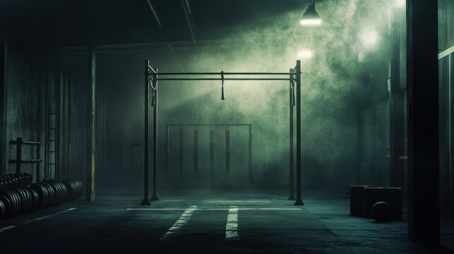 Dramatic low light gym interior featuring a pull-up rig and olympic weight plates.