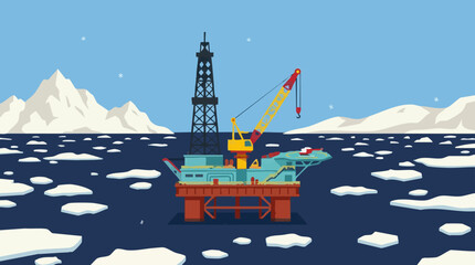 Offshore Oil Rig in Arctic Waters with Ice Floes and Mountains © Hexaview