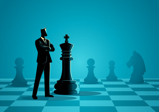 Business Strategy Concept, Strategic Leadership and Corporate Planning, Executive Standing Beside Chess King Piece Illustration