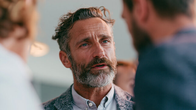 Middle-aged man with a beard and curly hair, wearing a suit jacket, engaged in a conversation with two other people.