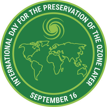 A circular green badge design celebrating international day for the preservation of the ozone layer featuring a detailed world map illustration with a stylized sun icon.