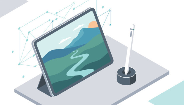 Digital tablet with a stylus on a charging stand, showing a creative landscape drawing in a modern workspace environment concept.