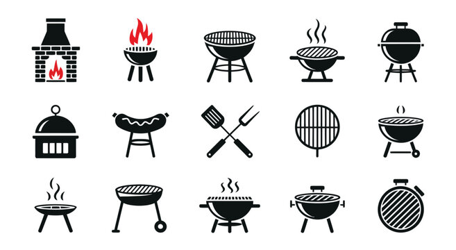 BBQ grill and Cooking Tools icon set Showcasing Barbecue Equipment, Fire, Meat Grilling and outdoor Picnic Food symbols.