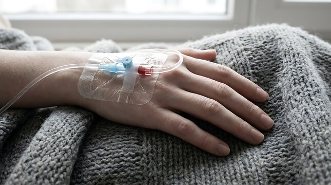 Patient hand with intravenous infusion line inserted inside hospital room setting close up view showing medical equipment for treatment during recovery process in nursing care environment.