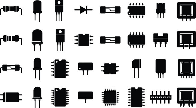 Electronic circuit component vector silhouettes featuring microchips, resistors, capacitors, and transistors for engineering design