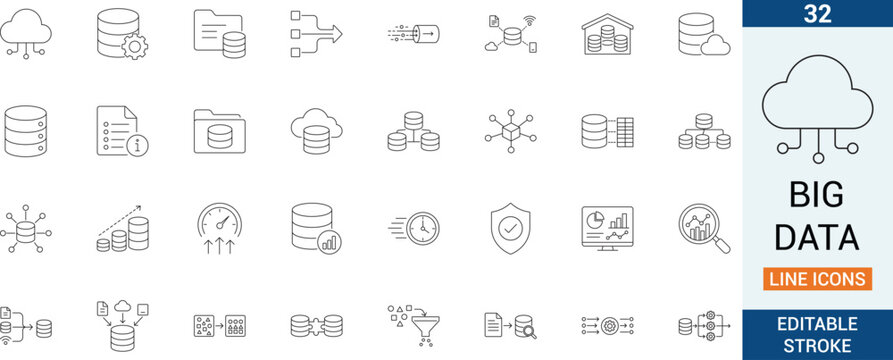 Big data vector line icon set. Featuring cloud computing storage, network server center and database analysis diagrams.