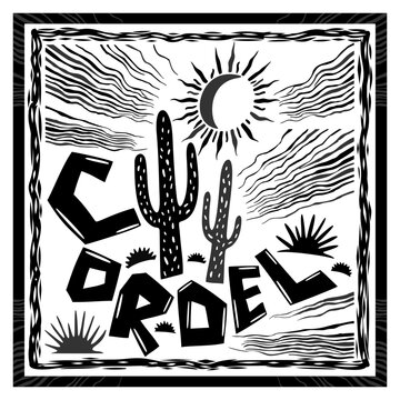 Brazilian cordel style. Desert landscape elements. Mandacaru cacti, succulents, sun and wind. Woodcut style