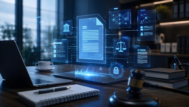 A digital legal document hologram projected above a tablet on a desk, surrounded by law-related icons and a laptop.