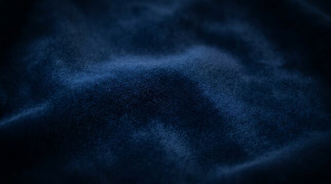 Soft dark blue velvet fabric texture with wavy folds and shadows for a luxury background surface design