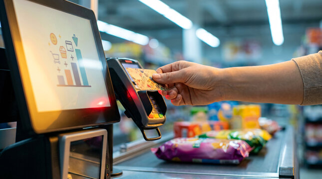 Woman paying with credit card at a self-checkout terminal in a supermarket, modern shopping experience, contactless payment