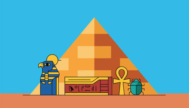 Egyptian historical scene with a golden pyramid a bird statue a sarcophagus an ankh and a scarab on a blue sky background.