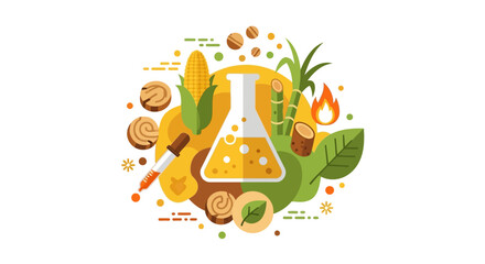 Fototapeta premium Biofuel and Biomass Renewable Energy Concept Illustration with Corn, Sugarcane, and Lab Equipment for Sustainable Fuel Research