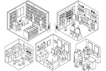 Fototapeta premium Restaurant Dining Space Minimal Isometric Outline Vector