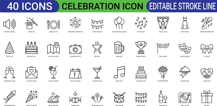 Celebration party holiday line art icons set, birthday cake, gift box, champagne glass, fireworks rocket, carnival mask, music note, balloon decoration, web icon, app icon, editable stroke, vector EPS