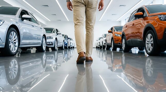 Person strolling through modern car dealership while looking at rows of premium vehicles parked on shiny tiled ground under bright ambient lighting in professional sales facility space.