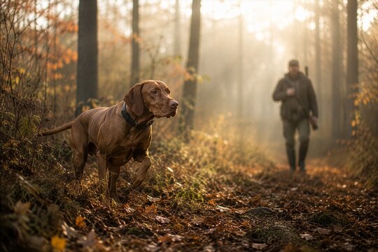 Skilled hunting dog working in forest with hunter in background