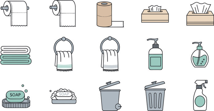 Bathroom Hygiene and Cleaning Icon Set Featuring Toilet Paper Tissue Box Towels Liquid Soap Dispenser Bar Soap Trash Bin and Spray Bottle Symbols