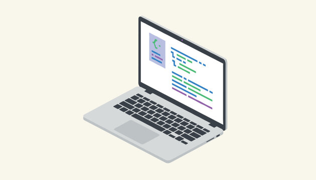 Laptop computer with a screen displaying a code editor or document on a clean, isometric-style studio background, representing programming.