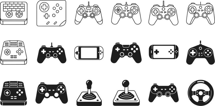 Video Game Controller and Joystick Icon Set featuring Retro Gamepads, Modern Console Joysticks, and Racing Wheel Symbols