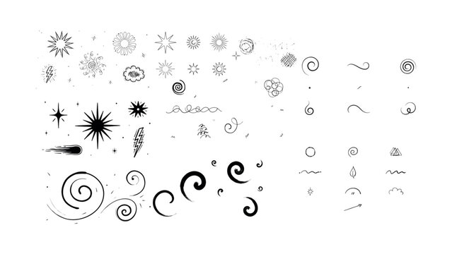 Set of hand drawn doodle elements stars lightning bolt swirl cloud shapes for graphic design and illustration accents.