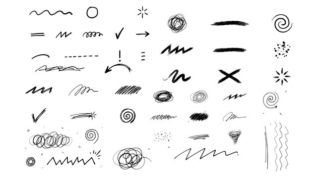 Collection of hand drawn doodle lines arrows and abstract scribble shapes for bullet journal or creative graphic design projects with rough sketch style.