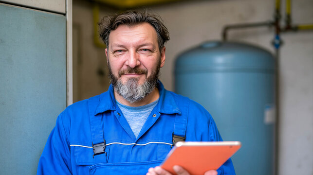 Experienced boiler technician with clipboard inspecting residential heating systems